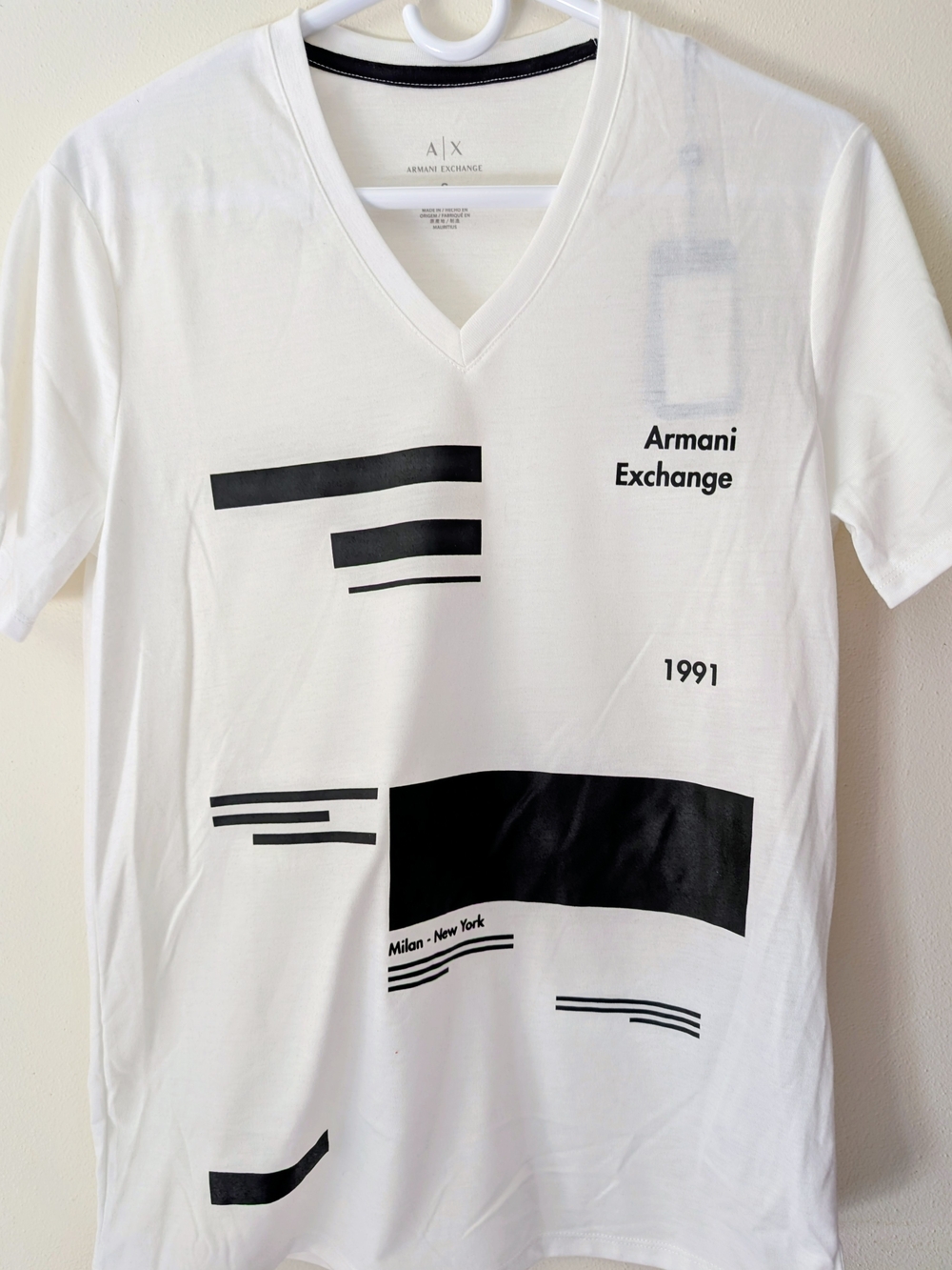 Armani Exchange White V-Neck T-Shirt with Black Graphic Print